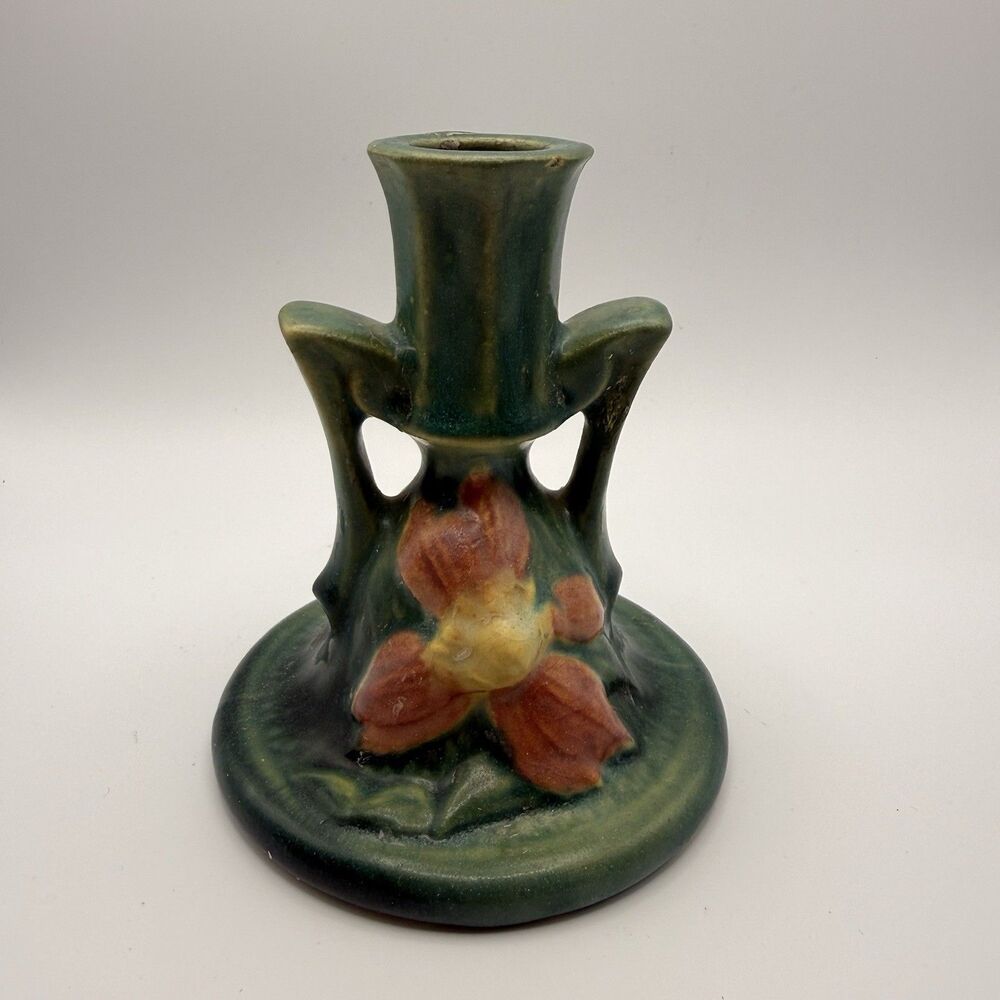 Vintage Roseville Art Pottery Clematis Pattern Candlestick Holder Art Deco 1940s